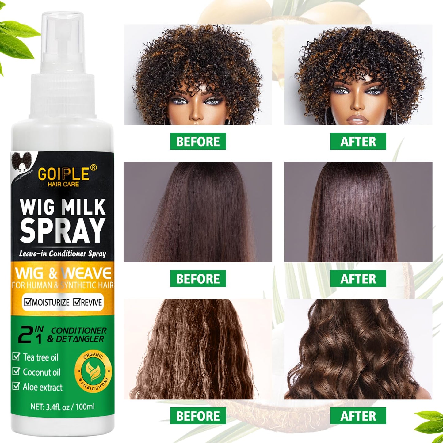 Before and after comparison of a synthetic hairpiece revitalized with detangling spray.