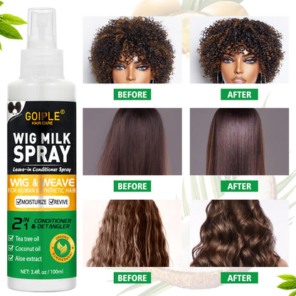 Before and after comparison of a synthetic hairpiece revitalized with detangling spray.