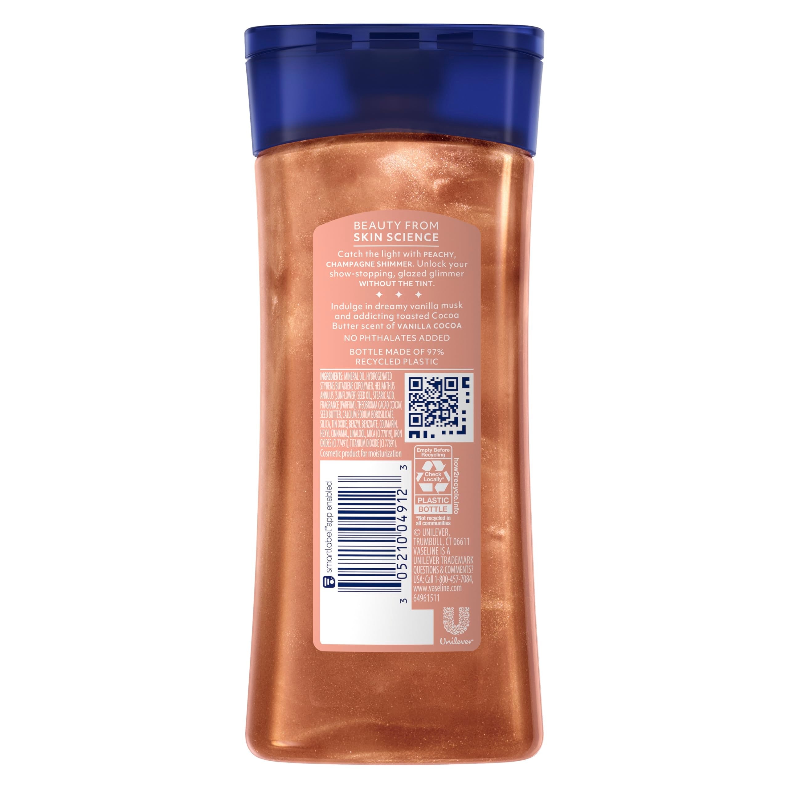 Vaseline body shimmer gel oil bottle with cocoa butter label