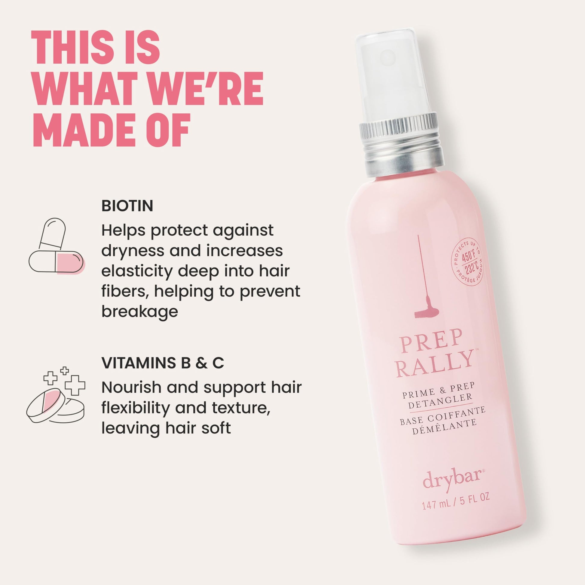 Drybar five fluid ounce detangling spray packaging details and full size bottle