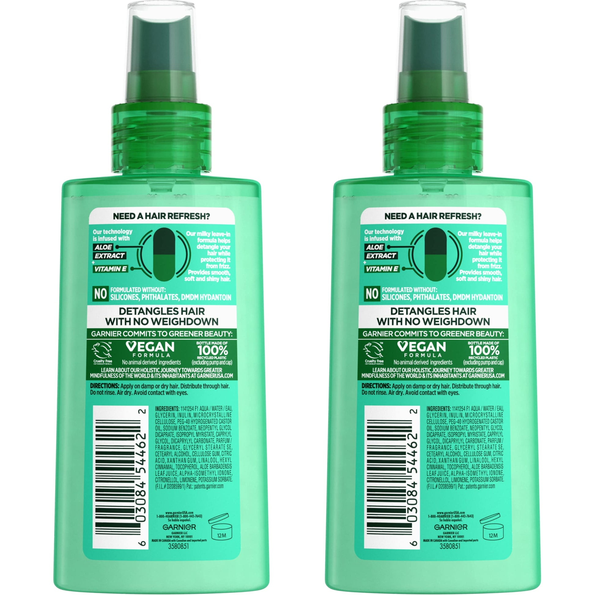 Garnier Fructis silicone free leave in detangling spray bottle details and directions label