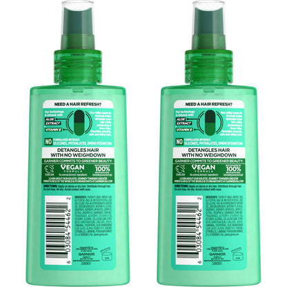 Garnier Fructis silicone free leave in detangling spray bottle details and directions label