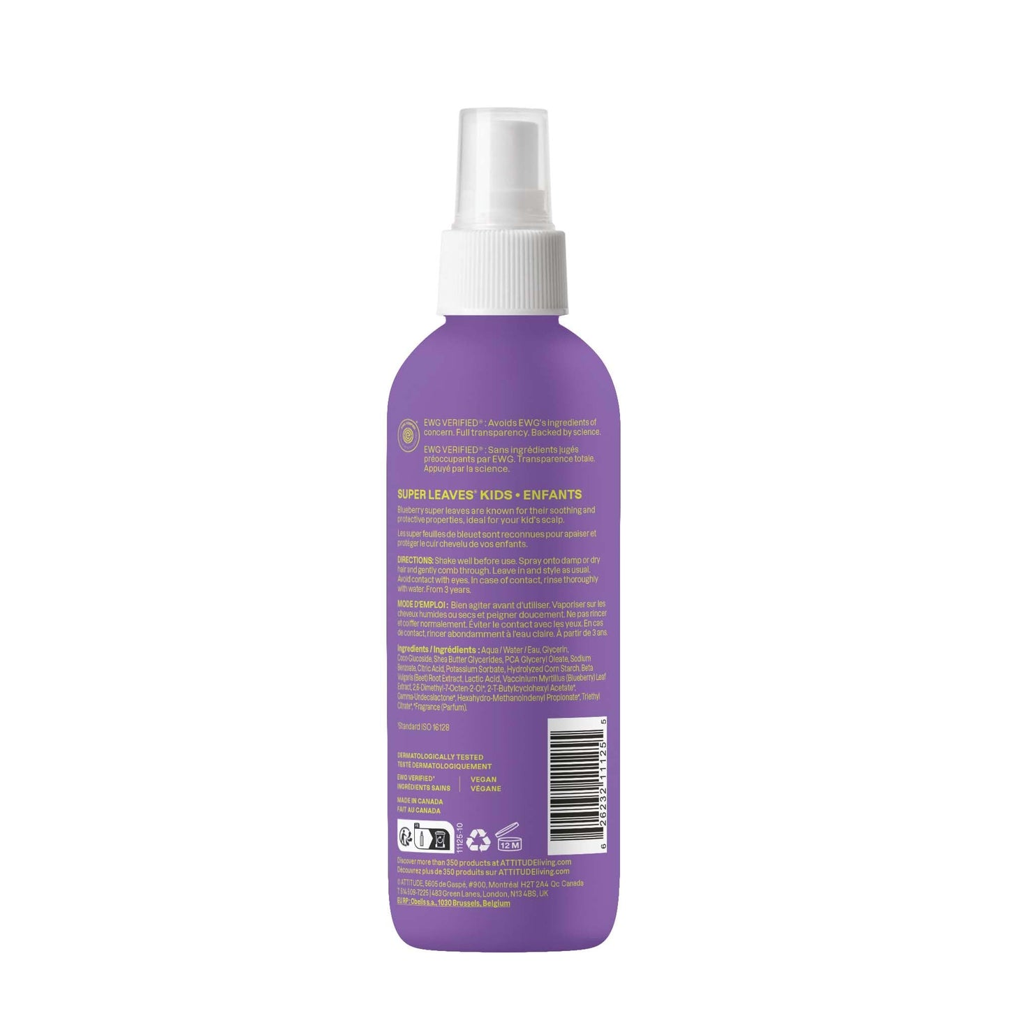 Authentic USA imported ATTITUDE little leaves detangler spray close up of vanilla and pear branding