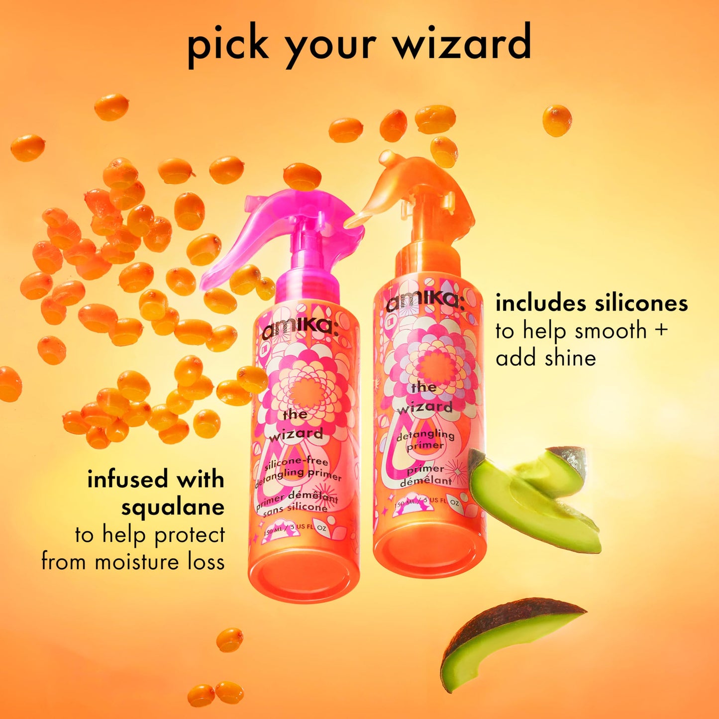 Authentic Amika heat protectant spray being misted onto damp sectioned hair