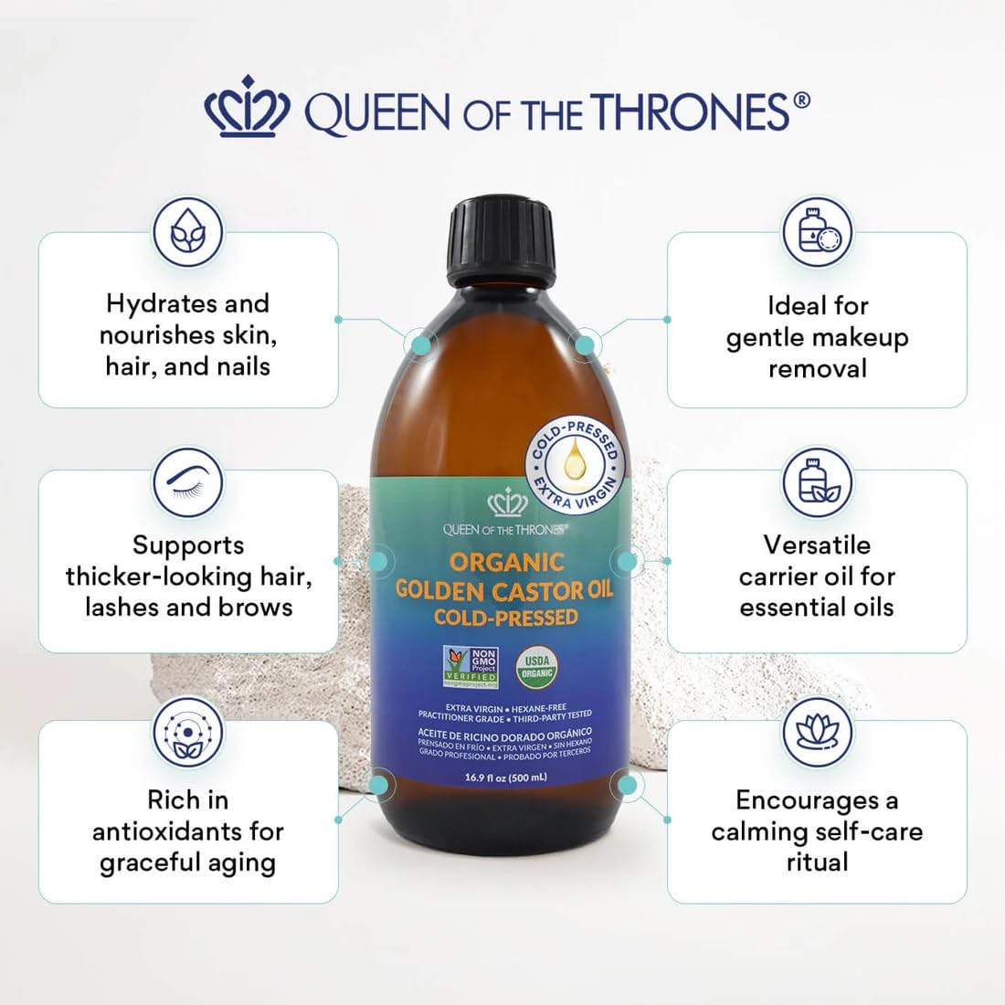 Queen of the Thrones organic castor oil bottle label details
