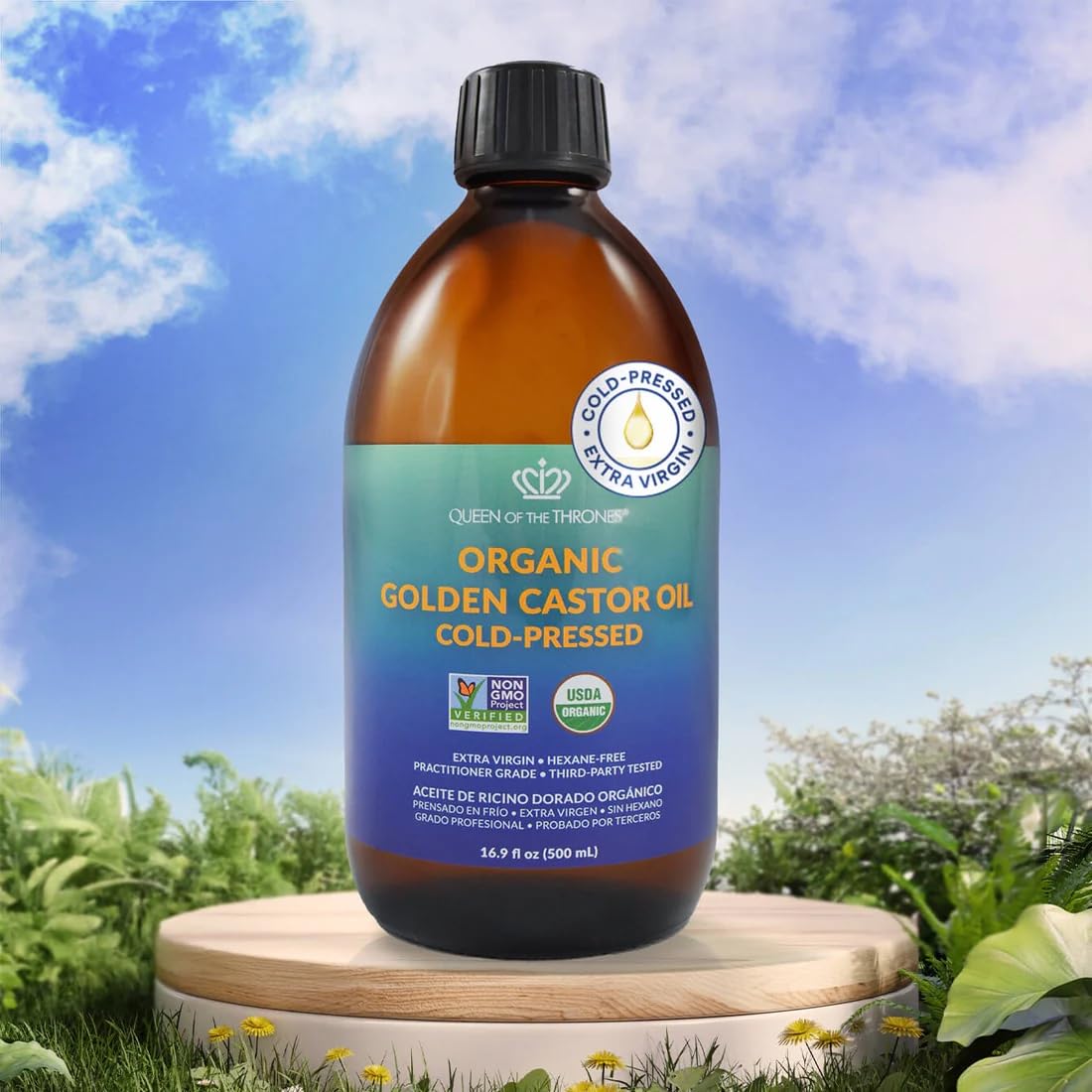 Organic golden castor oil poured for hair and skin application