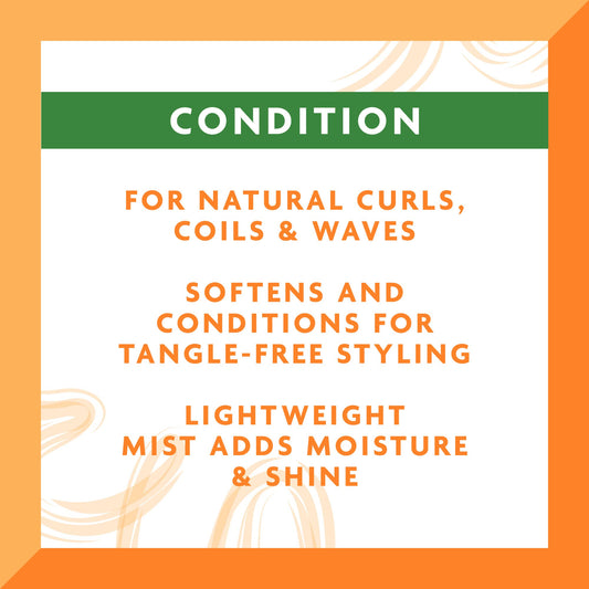 Cantu curly hair detangler leave in spray displaying the ingredients and pure shea butter features.