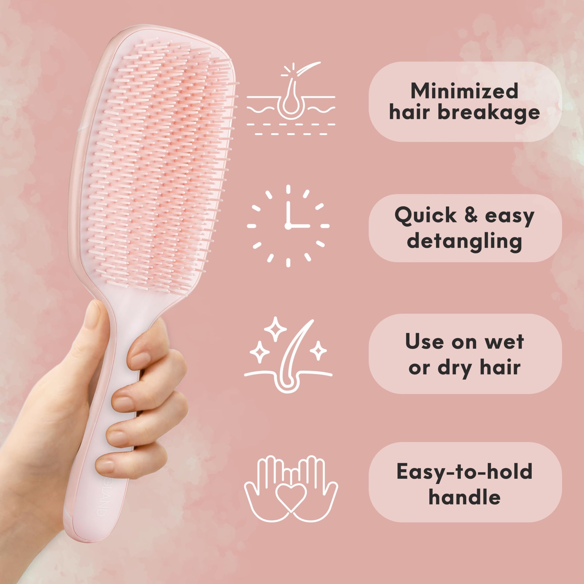 Lily England pain free hairbrush being used on thick wet curly hair.