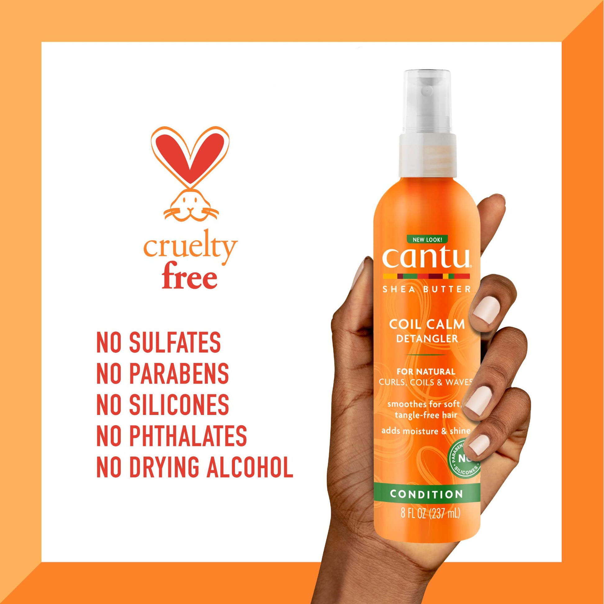 Authentic Cantu shea butter leave in detangling fluid container standing upright against a clean backdrop.