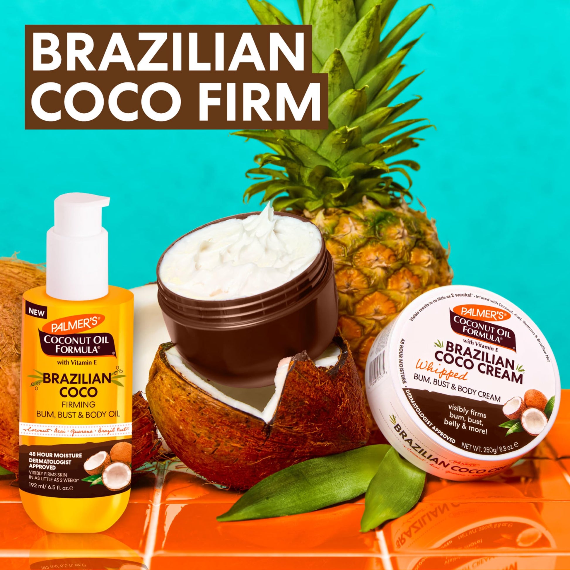Close up of Palmers Brazilian Coco Firming Body Oil branding