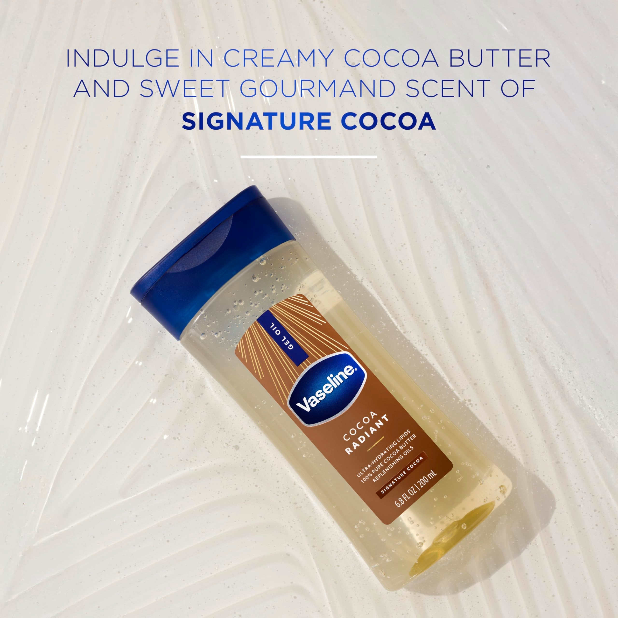 Vaseline body gel oil bottle showing cocoa butter ingredients