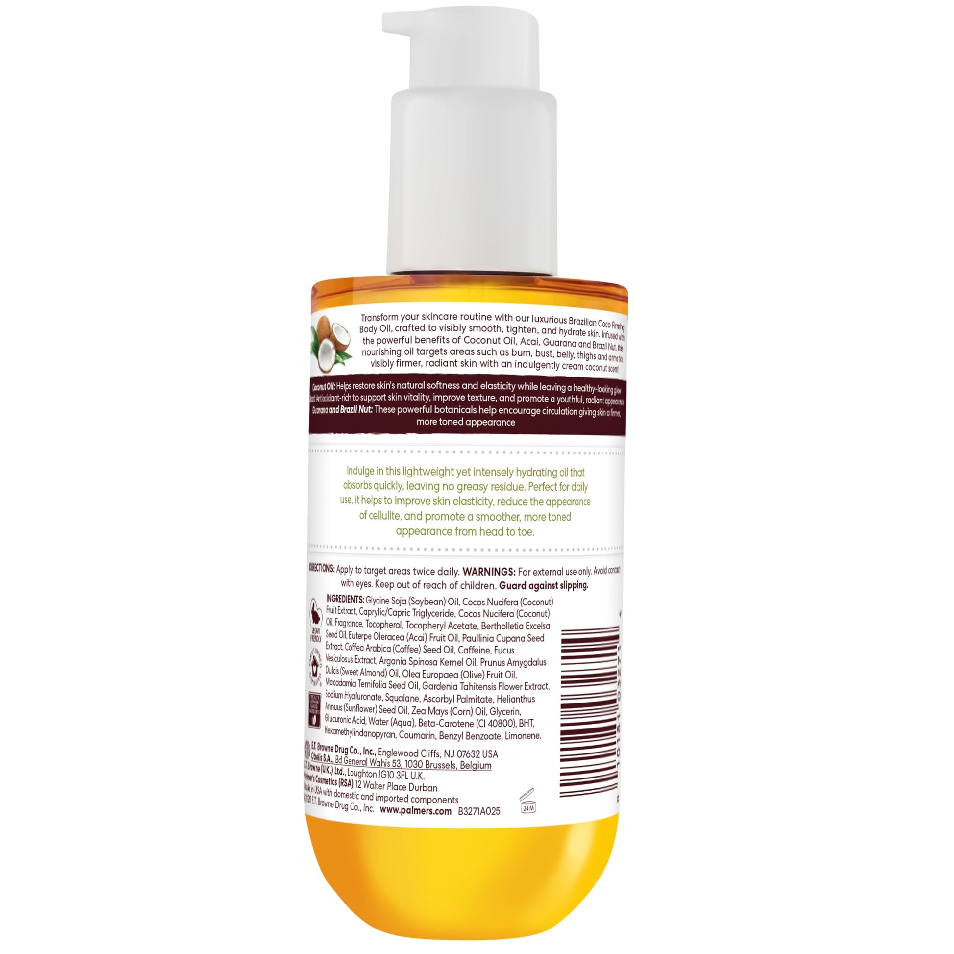 Back label of Palmers Brazilian Coco Firming Body Oil 6.5 Fluid Ounce
