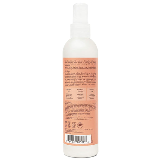 Shea Moisture Coconut and Hibiscus child hair detangling spray bottle packaging highlighting key organic ingredients