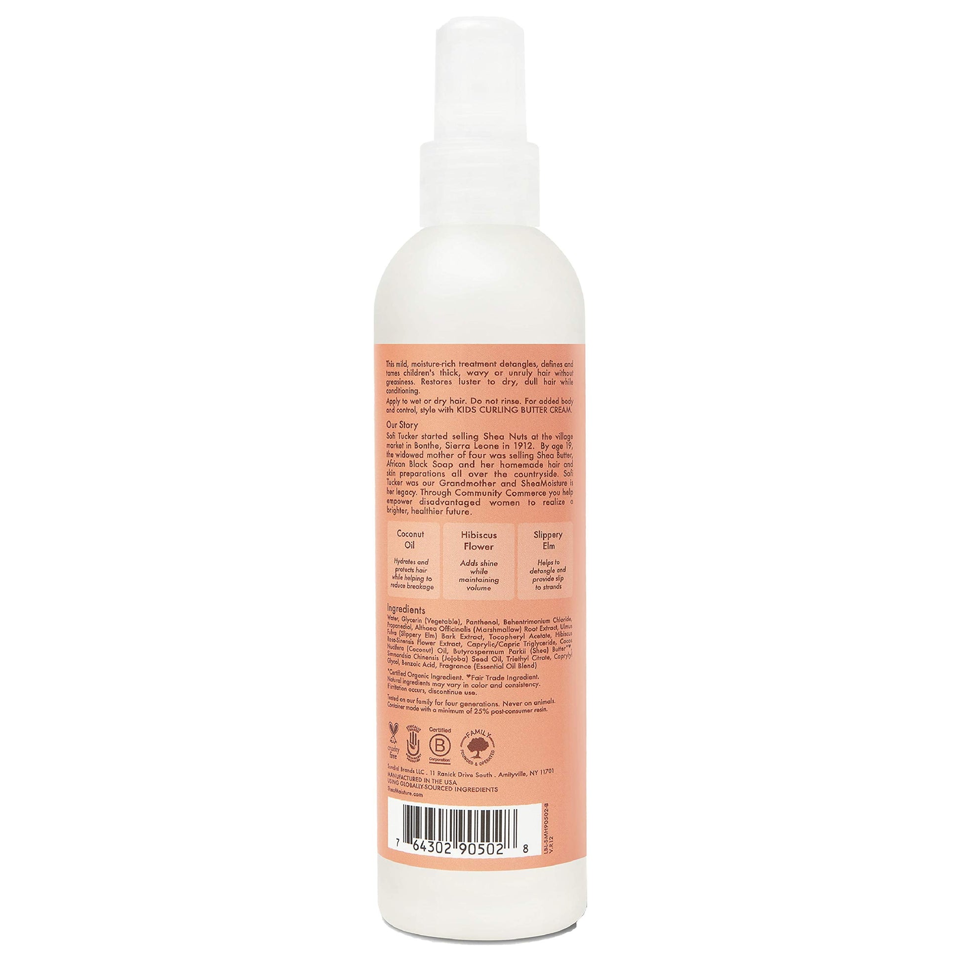 Shea Moisture Coconut and Hibiscus child hair detangling spray bottle packaging highlighting key organic ingredients