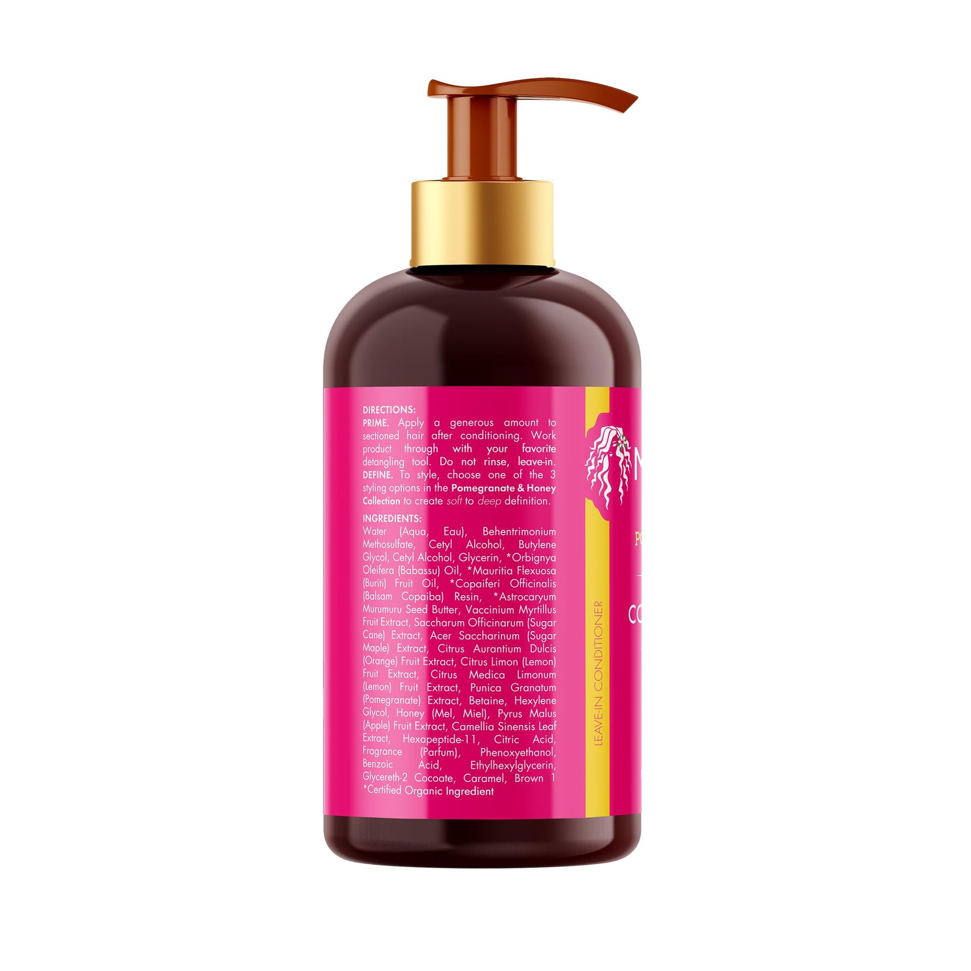 Close up view of the pump dispenser on the Mielle curly hair detangling treatment bottle