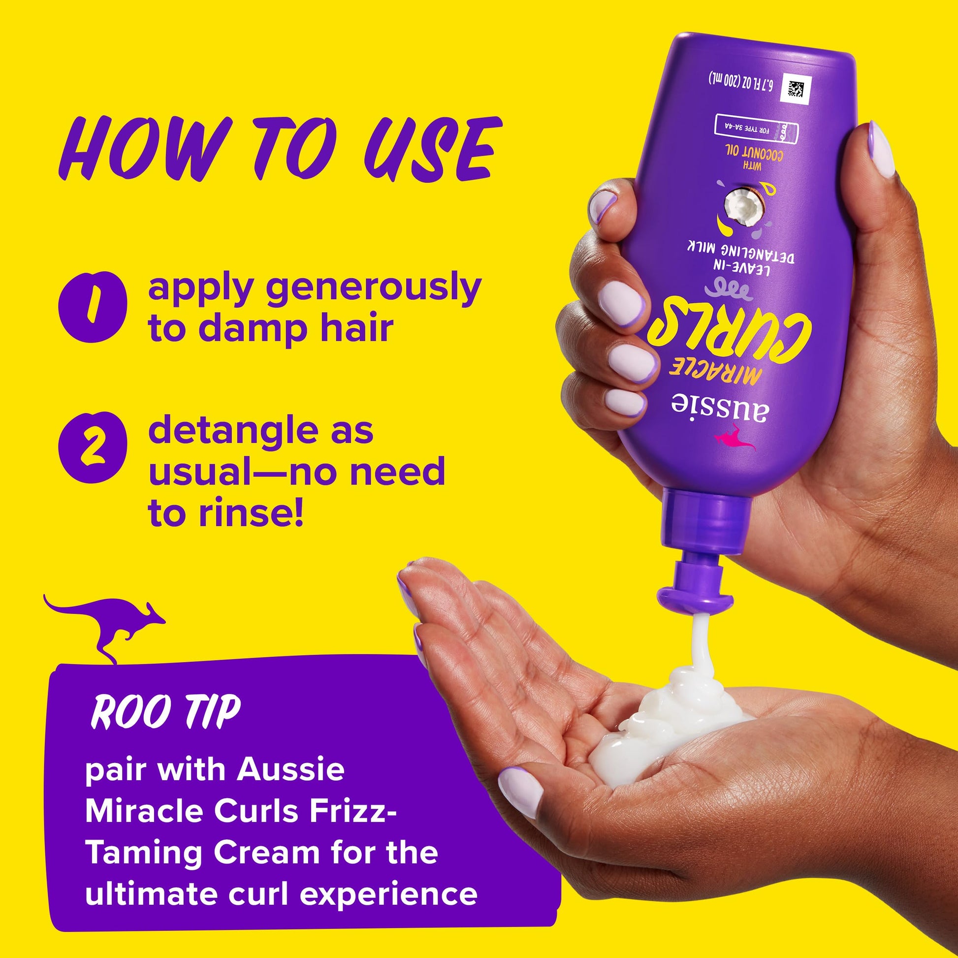 Close up view of the purple pump packaging for Aussie Miracle Curls treatment