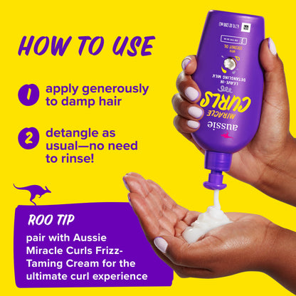 Close up view of the purple pump packaging for Aussie Miracle Curls treatment