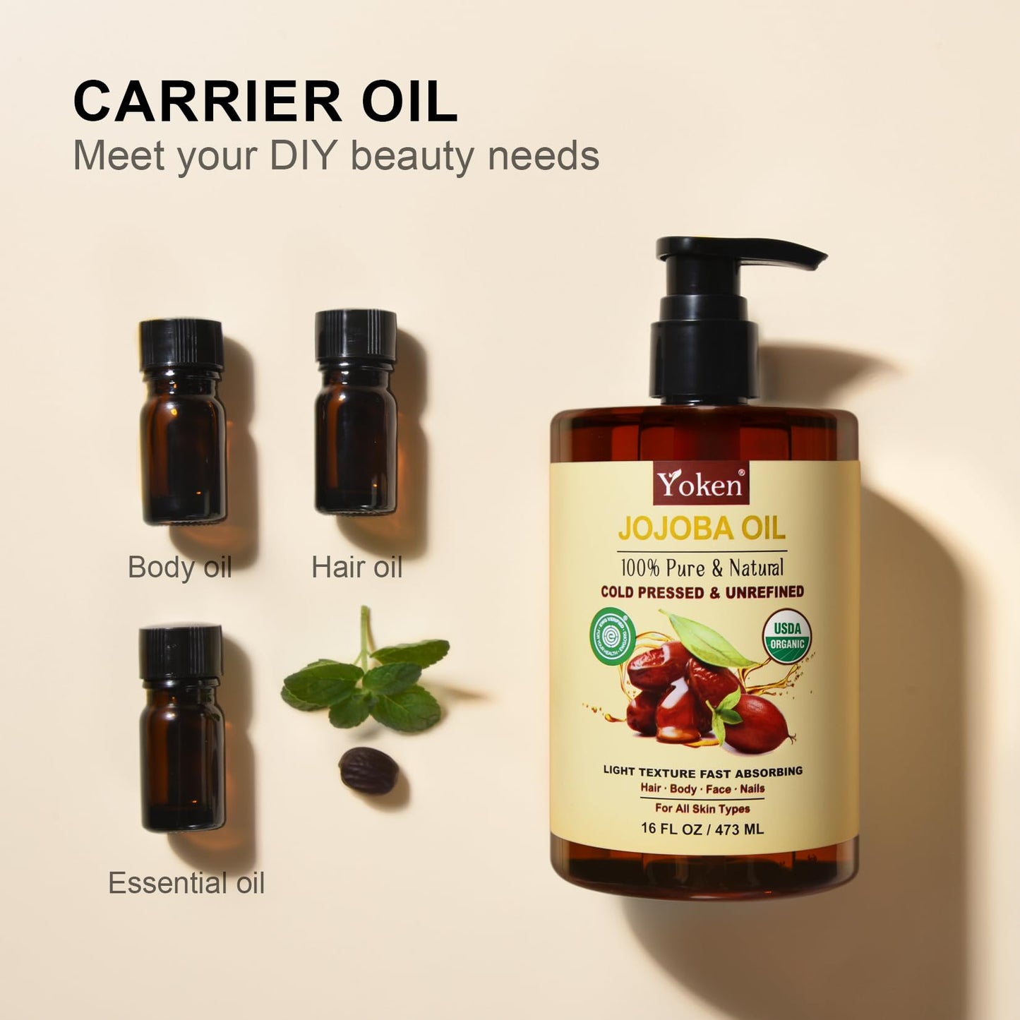 Close up of 16 fluid ounce Yoken jojoba oil packaging