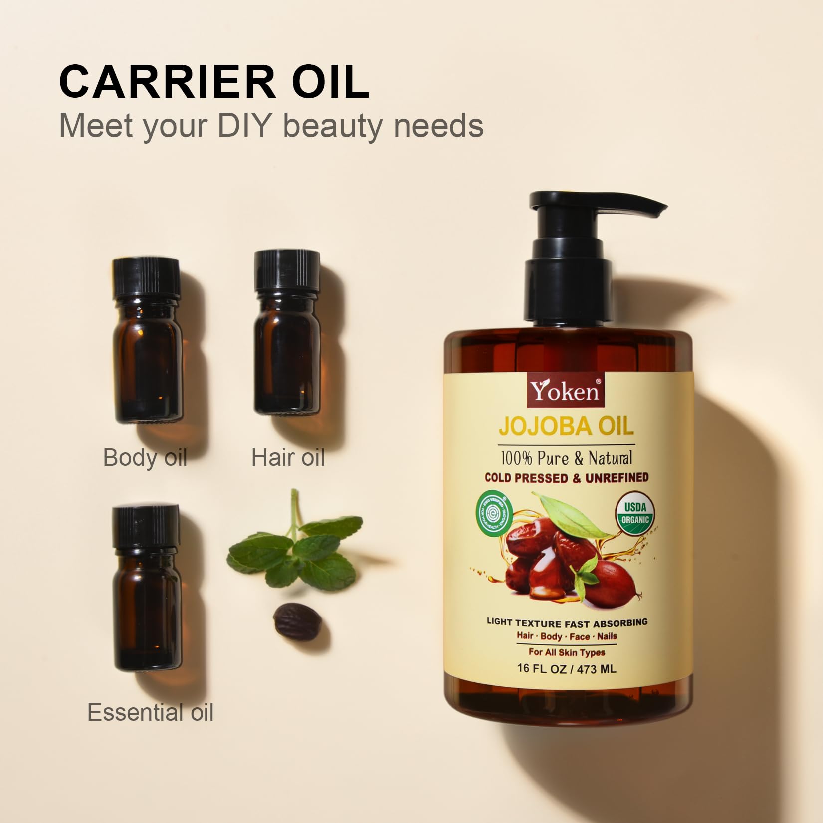 Close up of 16 fluid ounce Yoken jojoba oil packaging