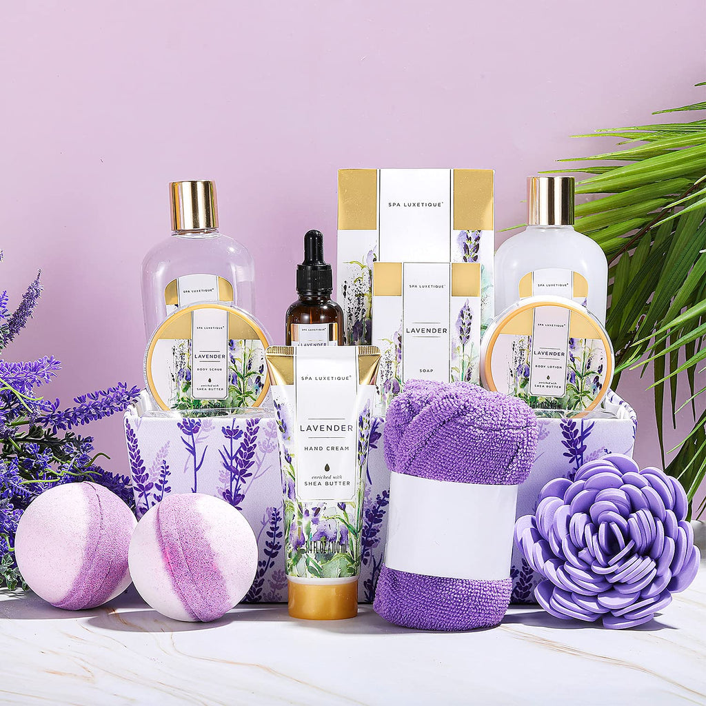Overhead view of Spa Luxetique lavender bath products and accessories