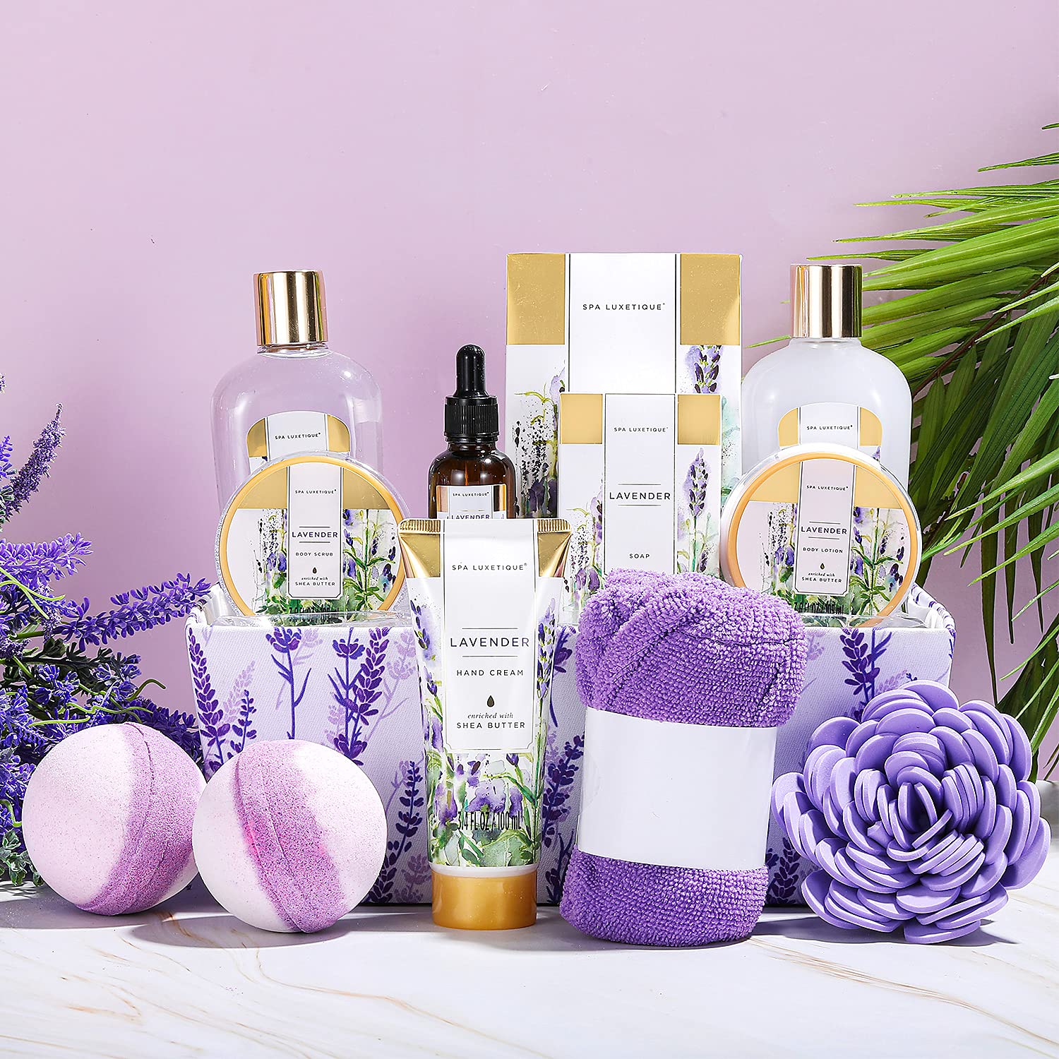 Front view of Spa Luxetique bath products in fabric box