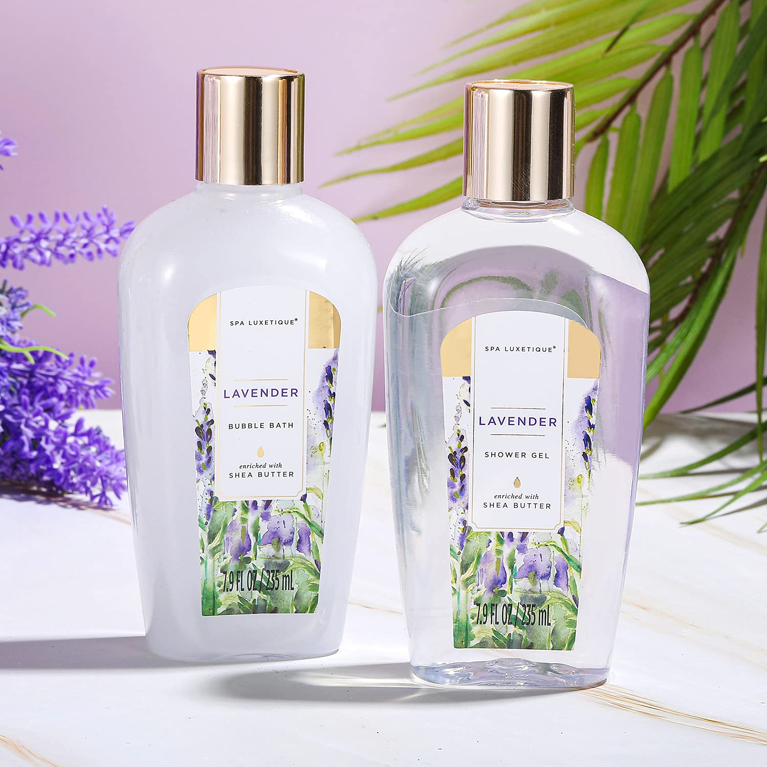 Spa Luxetique lavender shower gel and body lotion bottles