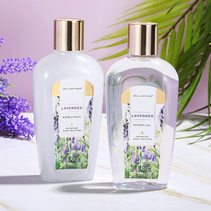 Spa Luxetique lavender shower gel and body lotion bottles