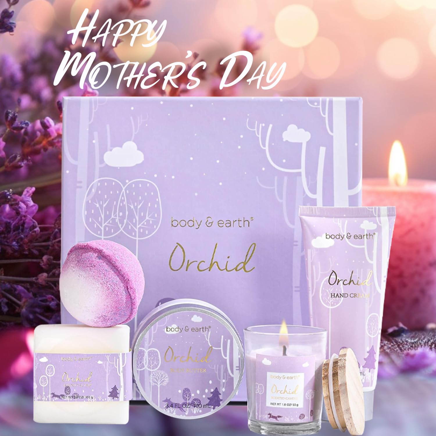 Body & Earth Orchid scented candle and spa products