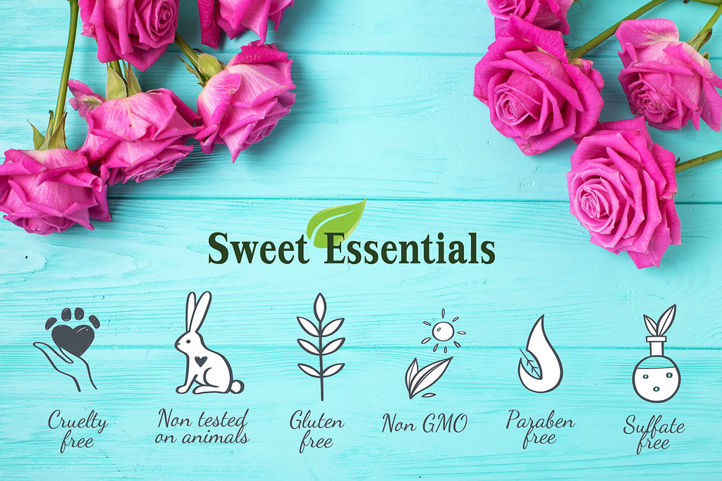 Sweet Essentials 2 fluid ounce hair and body perfume oil bottle angled side shot