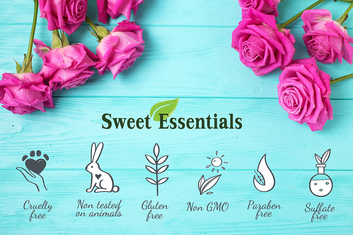 Sweet Essentials 2 fluid ounce hair and body perfume oil bottle angled side shot