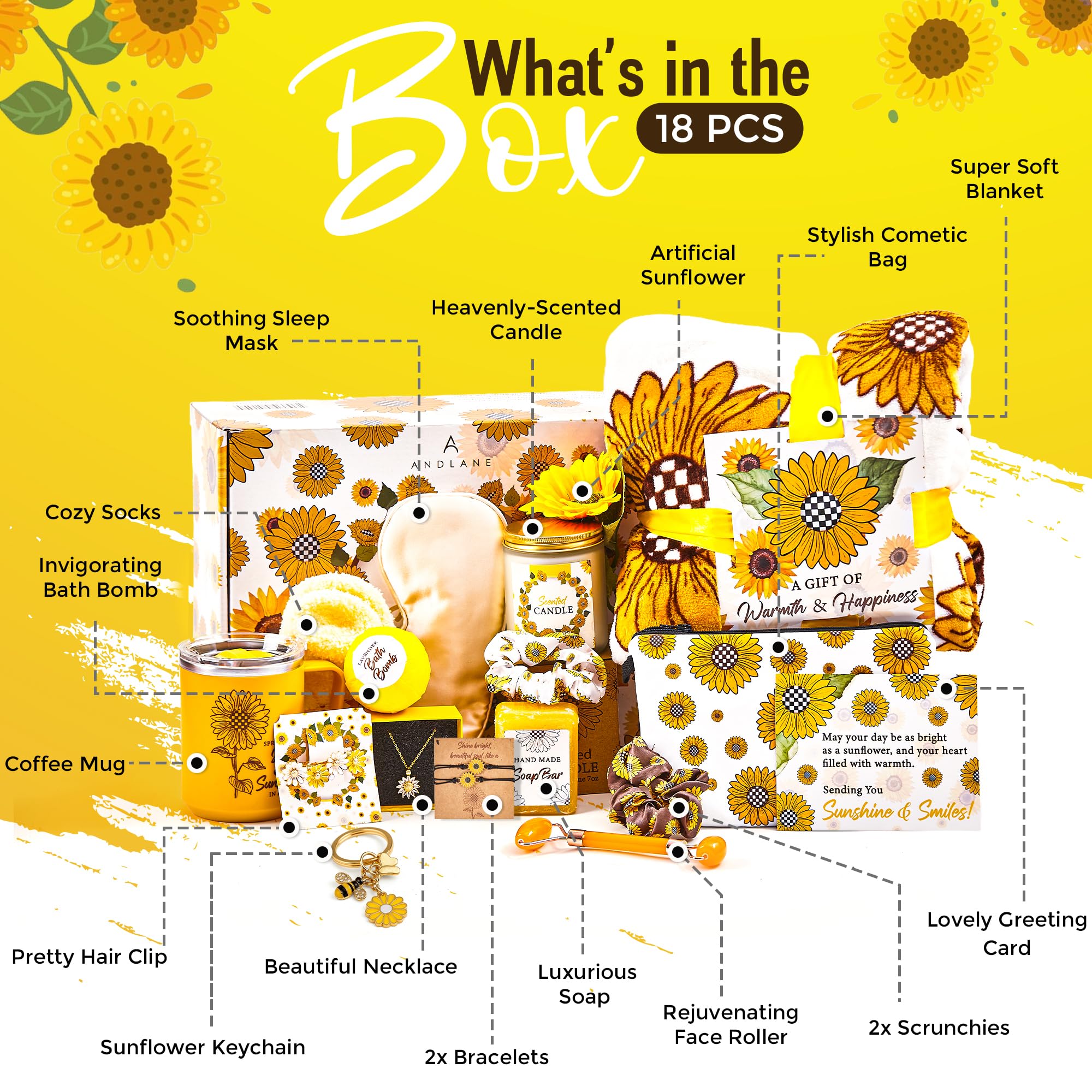 Close up of sunflower themed self care accessories and jewelry