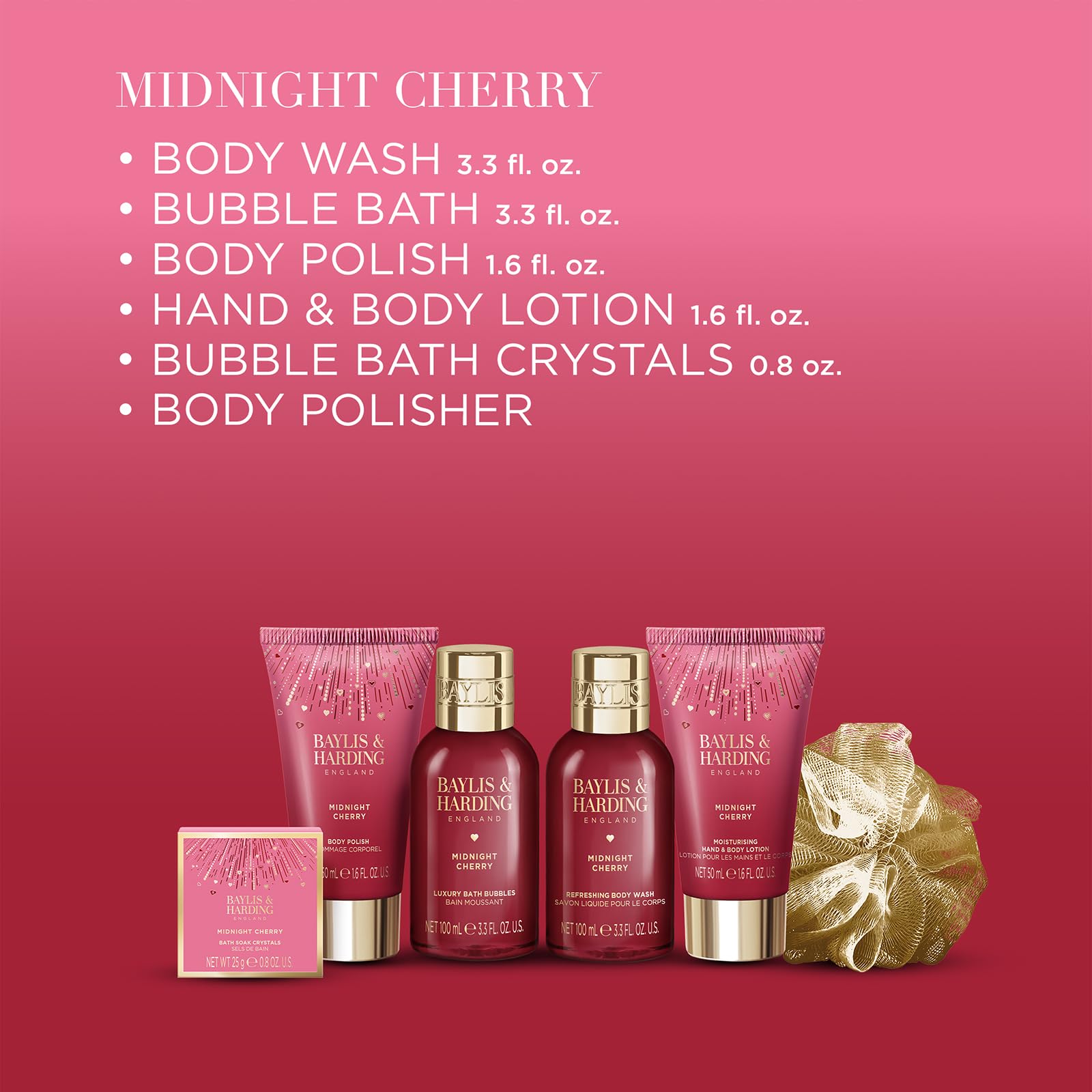 Baylis and Harding Midnight Cherry collection bottles and accessories