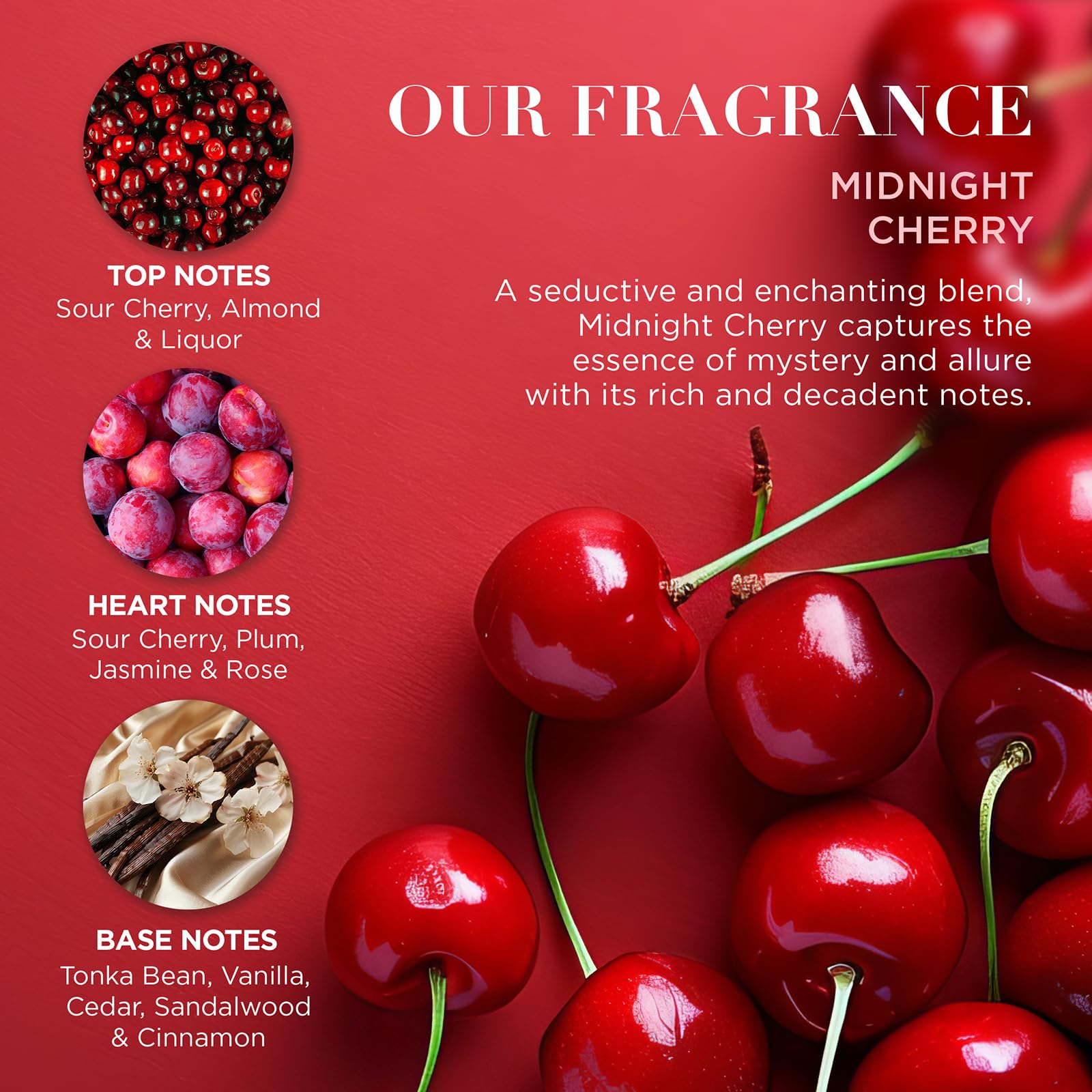 Close up of Midnight Cherry body wash and lotion packaging