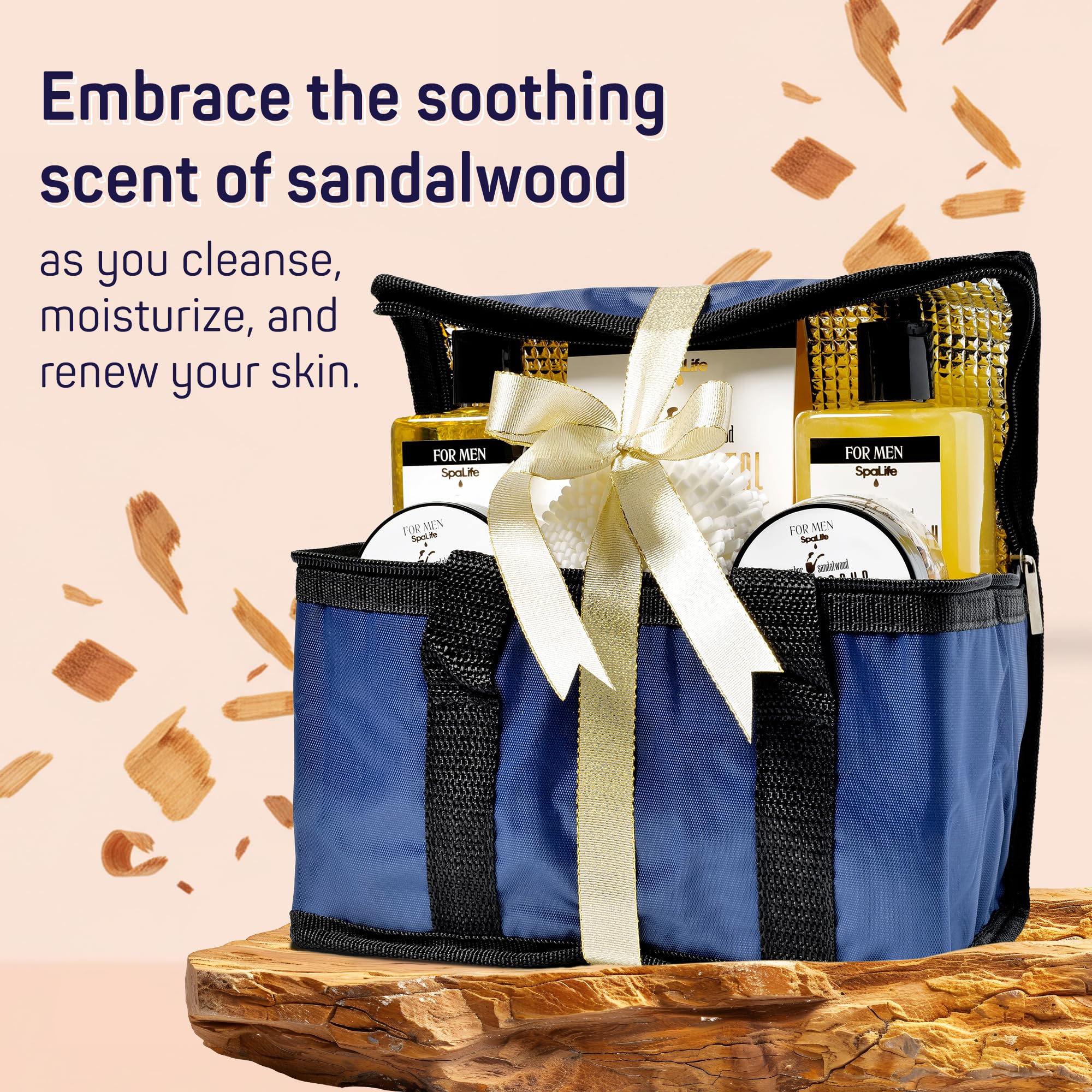 Mens sandalwood spa gift set with body scrub and bath accessories