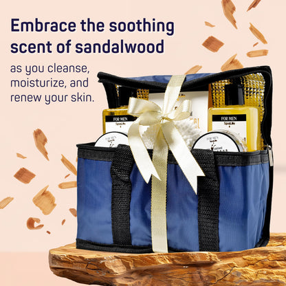 Mens sandalwood spa gift set with body scrub and bath accessories
