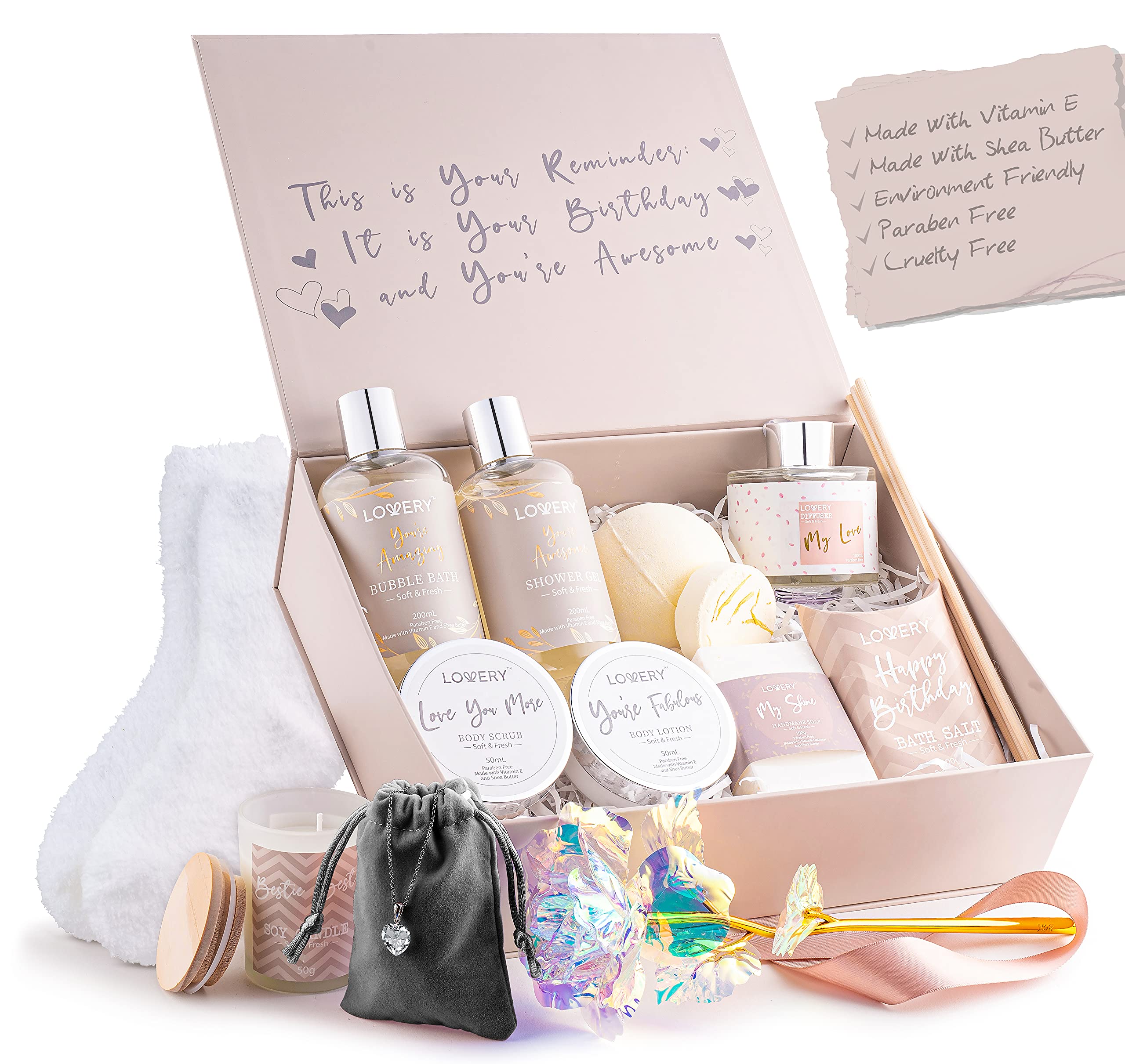 Lovery spa gift set contents including necklace and rose