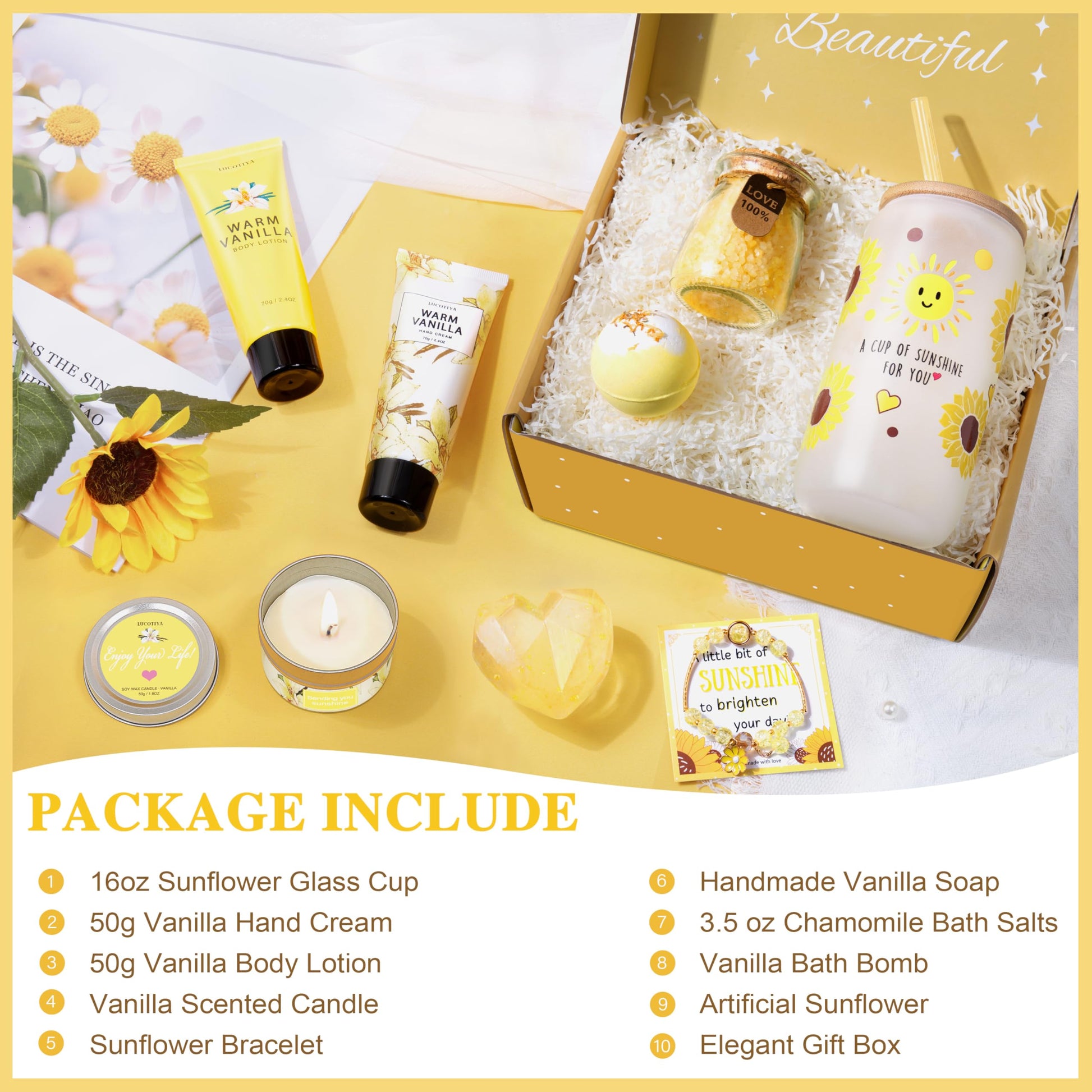 LUCOTIYA premium spa gift basket contents including the white insulated stainless steel travel tumbler and scented candle