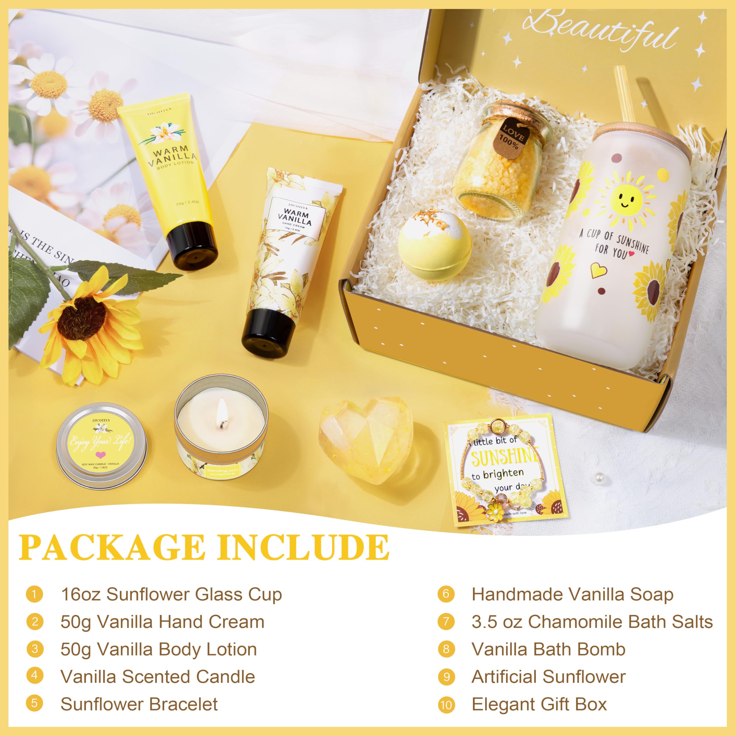 LUCOTIYA premium spa gift basket contents including the white insulated stainless steel travel tumbler and scented candle