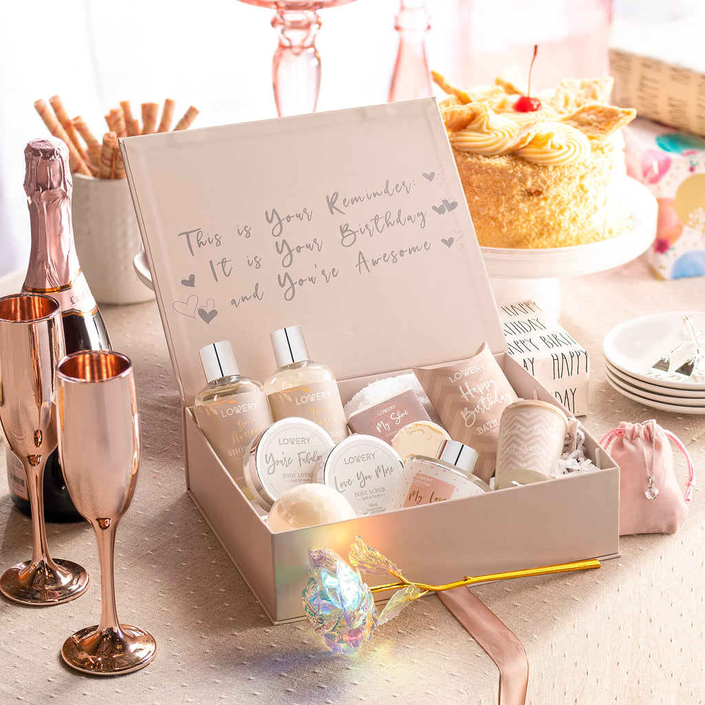 Full 20 piece deluxe birthday spa set arranged attractively