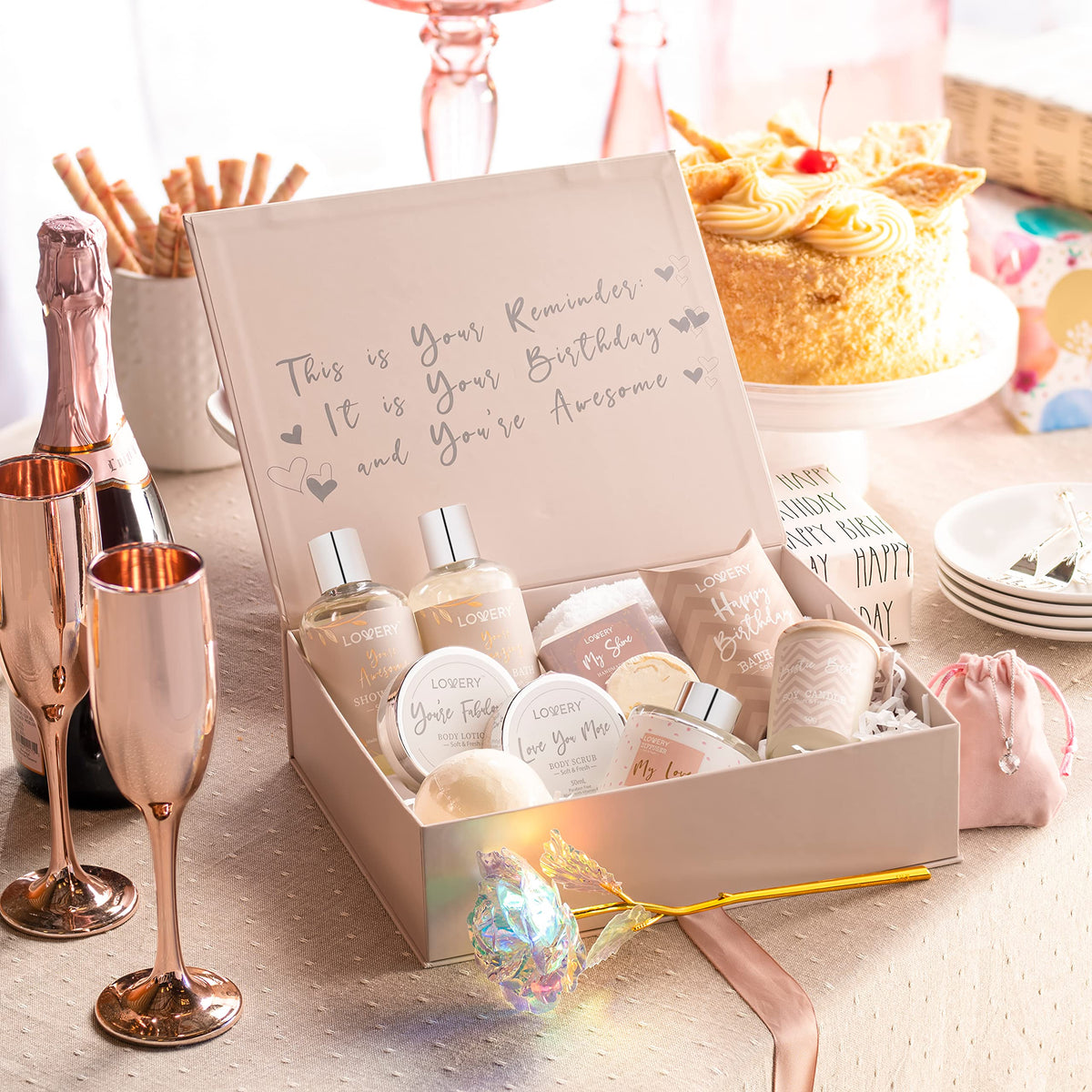Full 20 piece deluxe birthday spa set arranged attractively