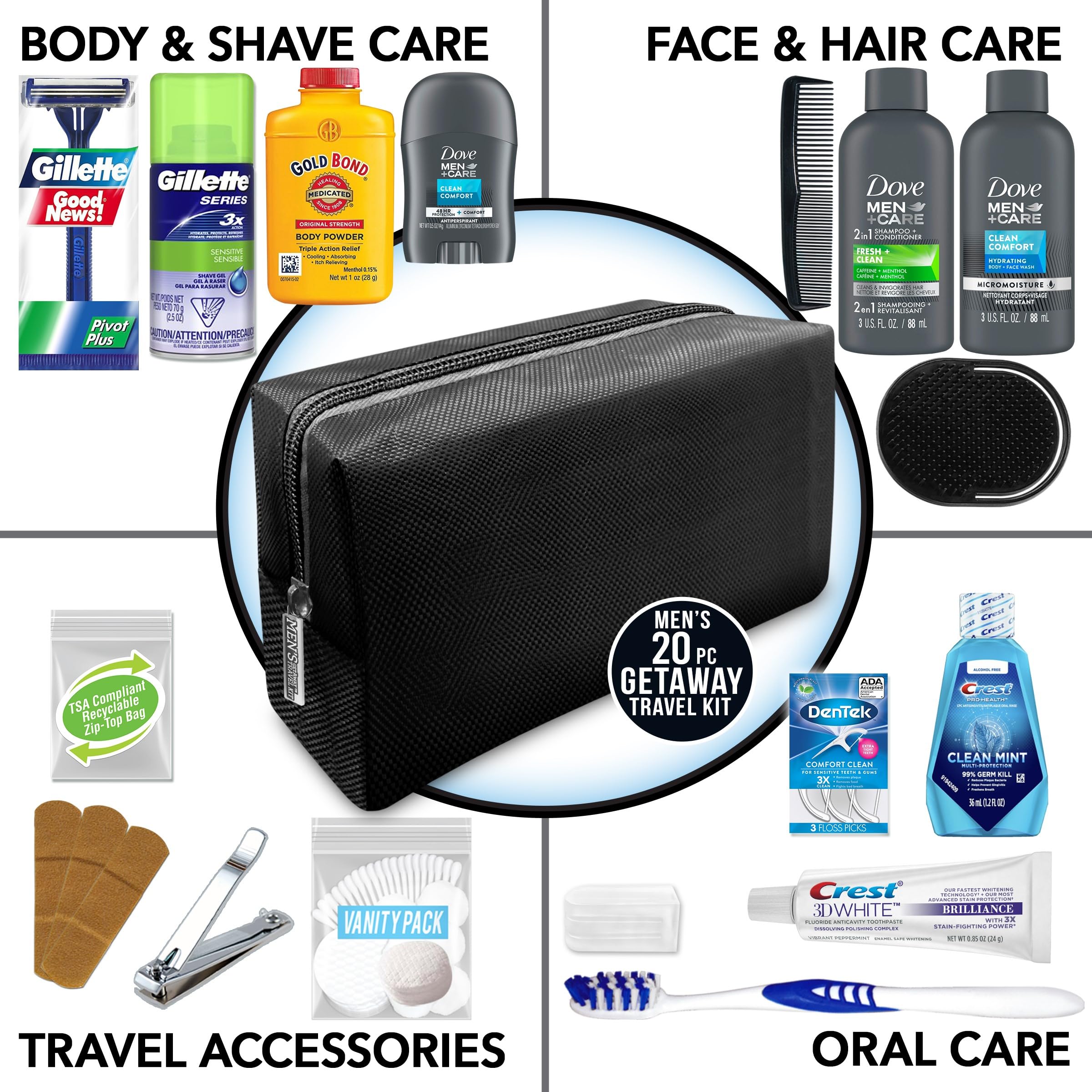 Full 20-piece contents of the premium TSA-compliant men's grooming and toiletry travel set laid out neatly.