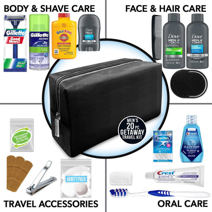 Full 20-piece contents of the premium TSA-compliant men's grooming and toiletry travel set laid out neatly.