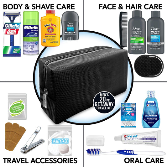 Full 20-piece contents of the premium TSA-compliant men's grooming and toiletry travel set laid out neatly.