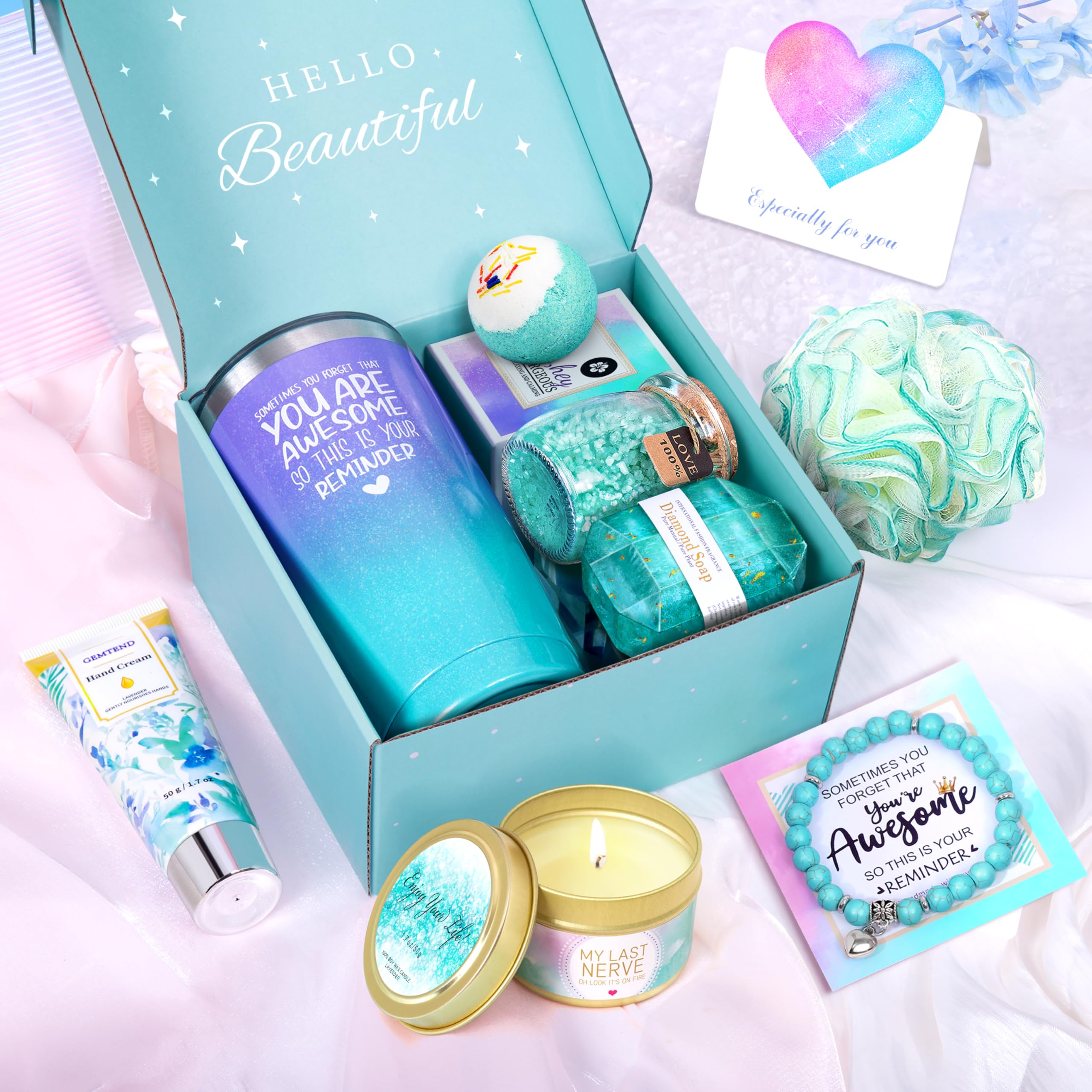 GEMTEND self care package featuring twenty ounce blue insulated stainless steel tumbler