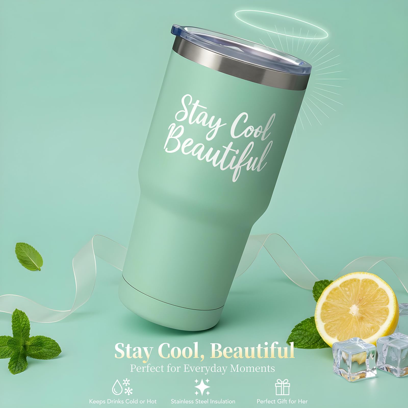 Mint green insulated stainless steel tumbler with Stay Cool Beautiful text detailing
