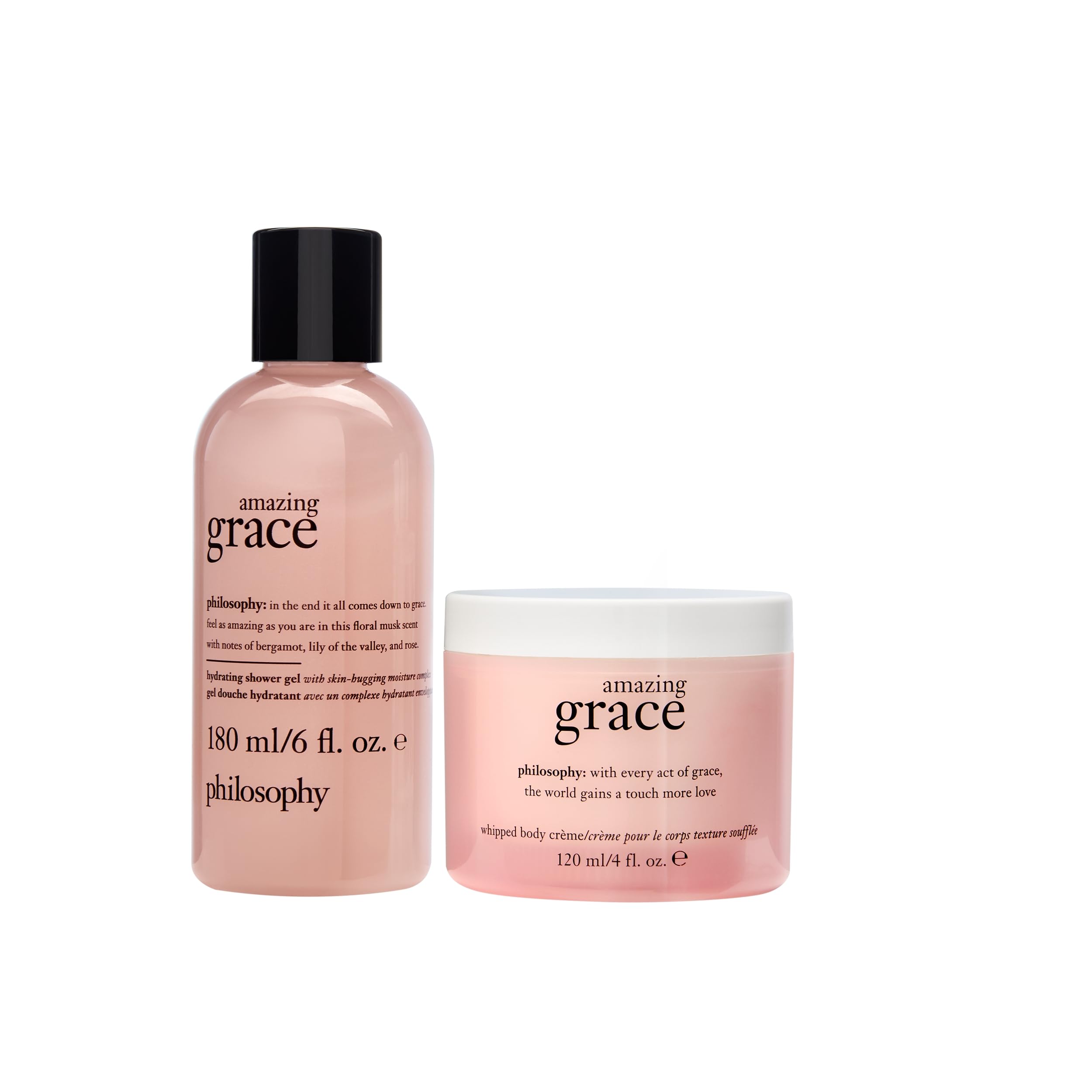 Philosophy Amazing Grace hydrating shower gel bottle and whipped body crème jar standing side by side