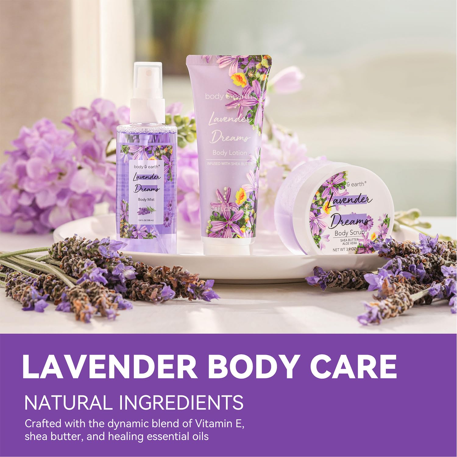 BODY & EARTH lavender body lotion with shea butter ingredient highlight