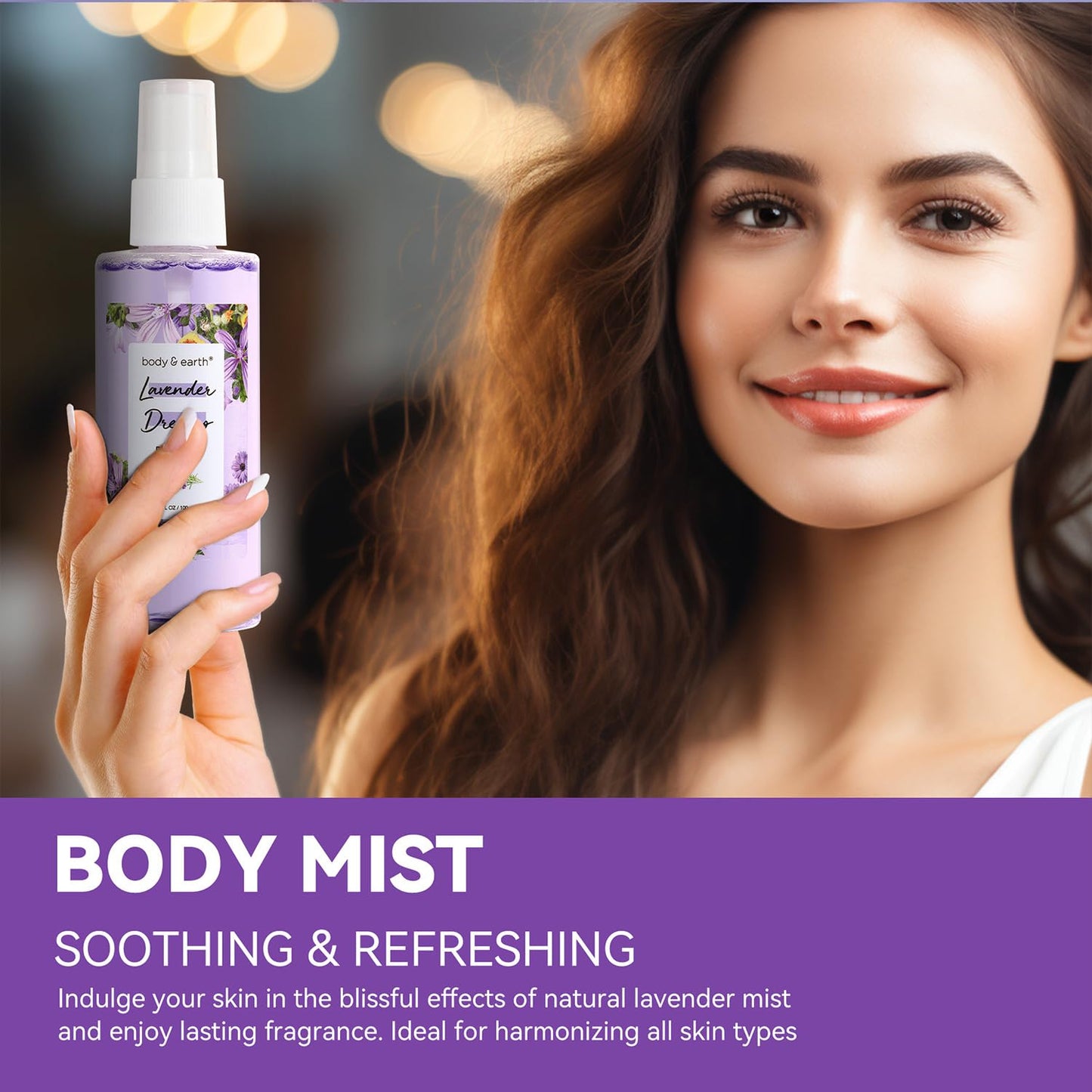 BODY & EARTH refreshing lavender fragrance mist bottle detail