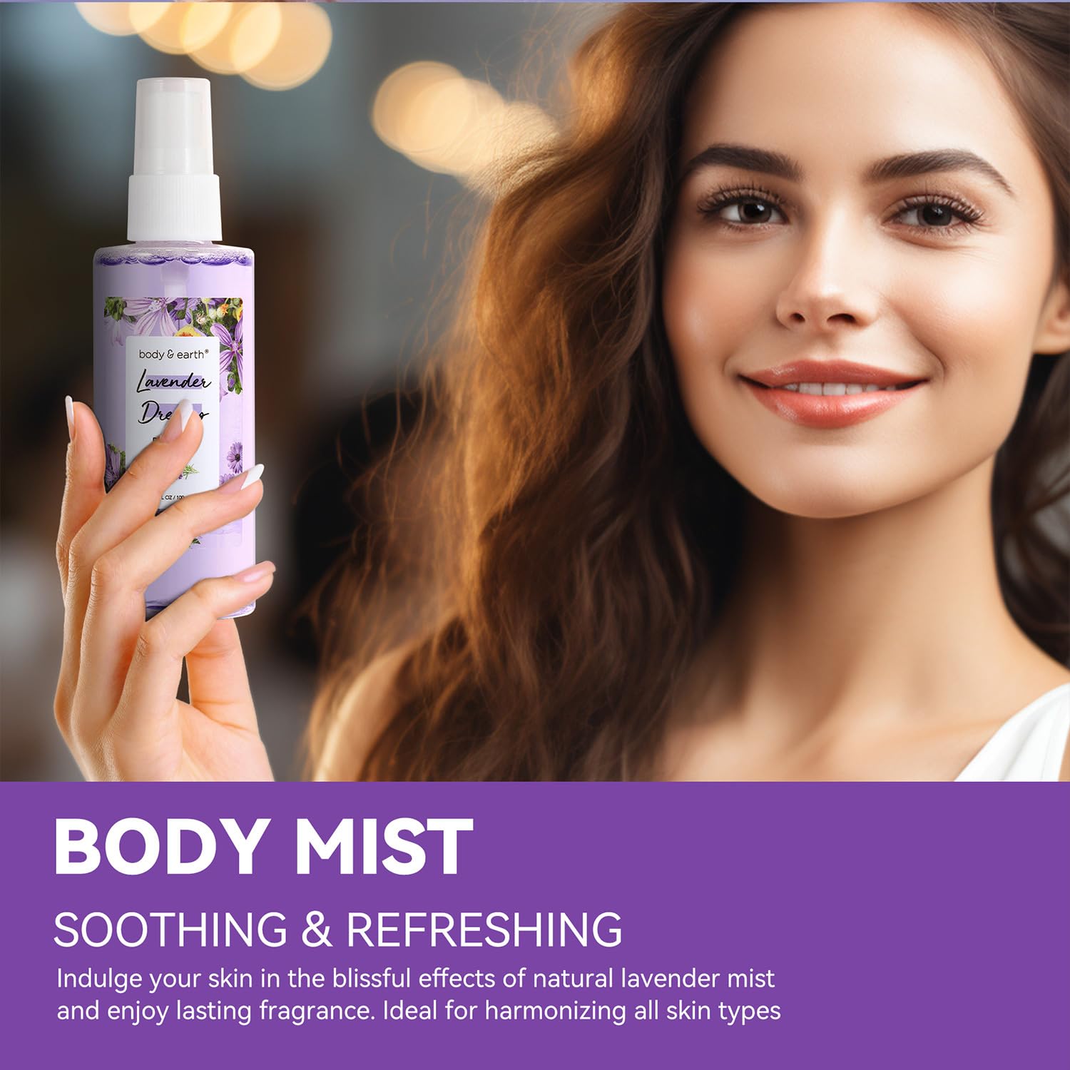 BODY & EARTH refreshing lavender fragrance mist bottle detail