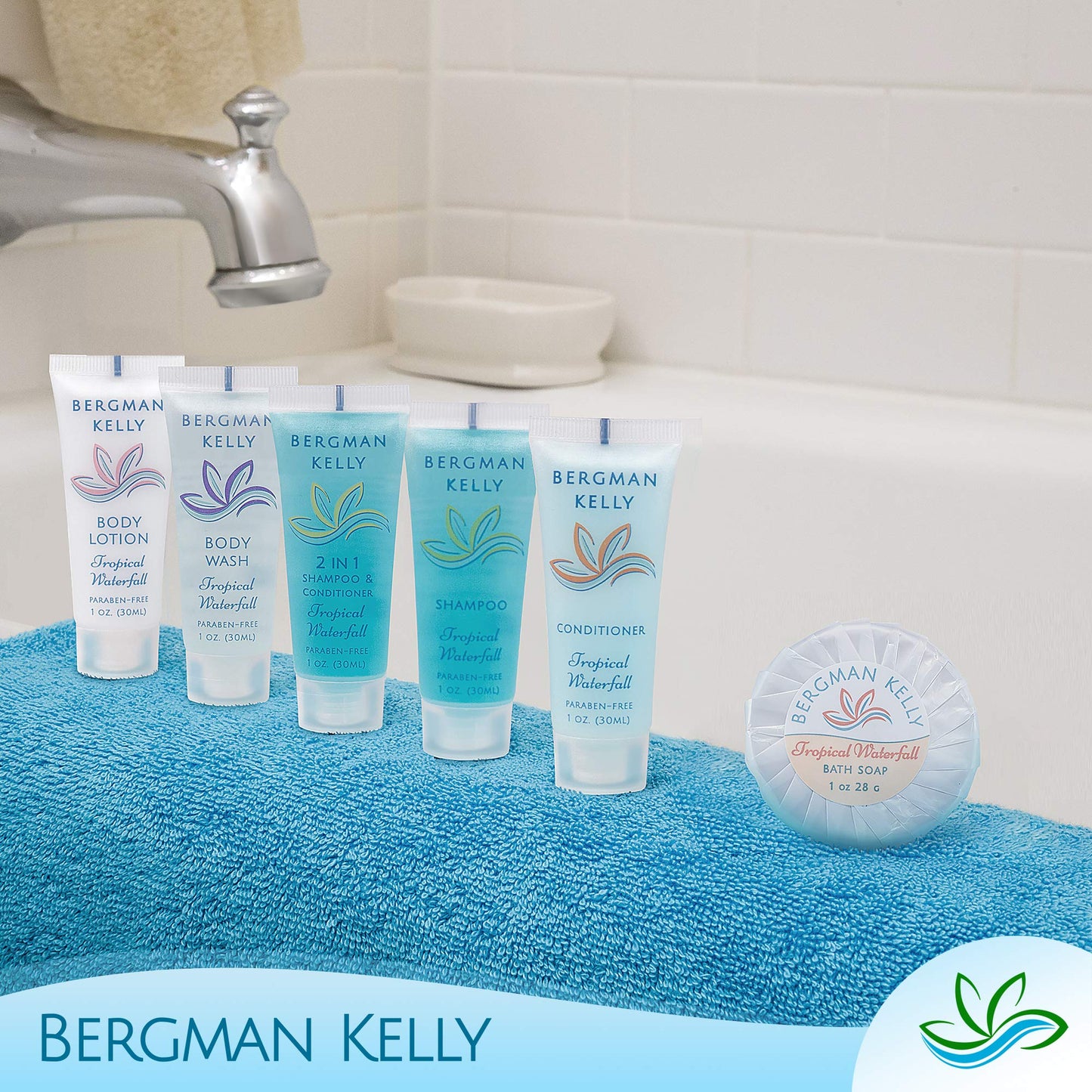 Full 200-piece Bergman Kelly hotel toiletries set arrangement